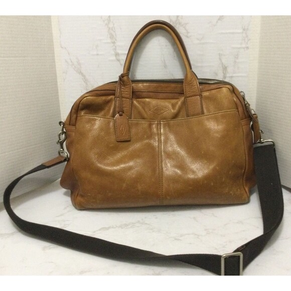 Fossil Messenger Computer Distressed Leather Laptop Shoulder Strap Brown Tan